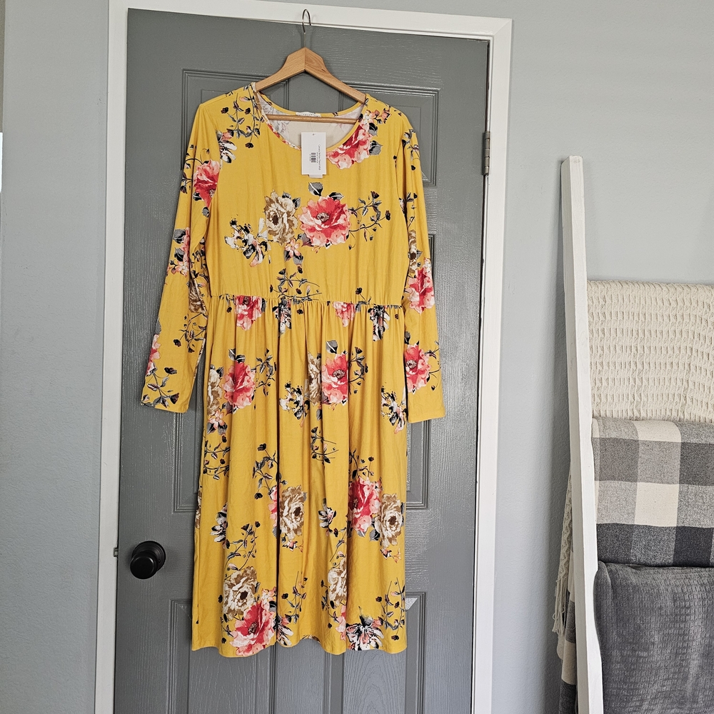 NWT Reborn J Floral Midi Dress 2XL Yellow Stretchy Long Sleeve Boho Style - Picture 1 of 4